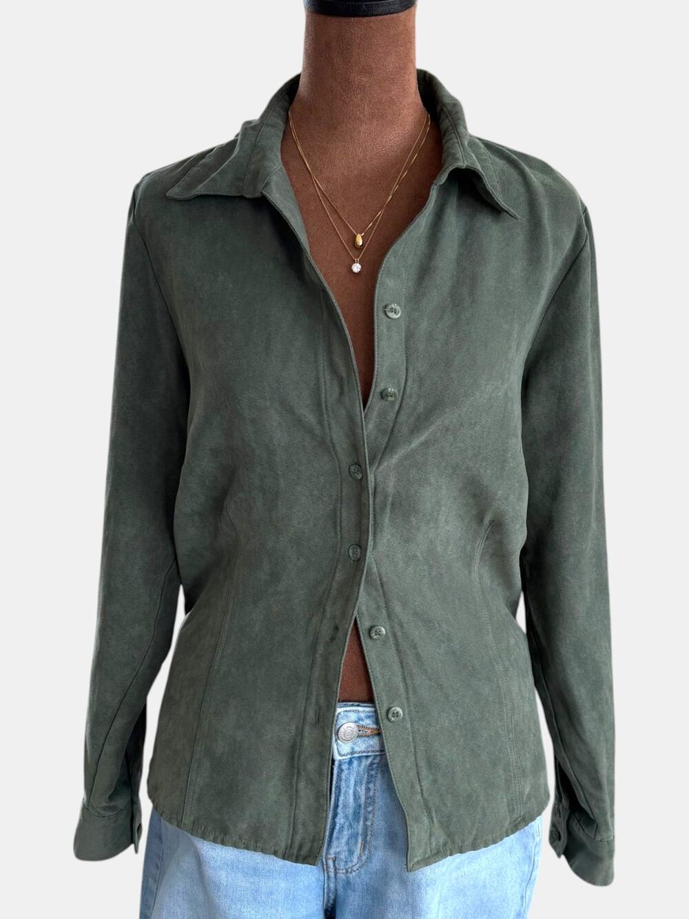 00s Sonoma Green Faux Suede Button Front Shirt Jacket Western Top Summer Medium